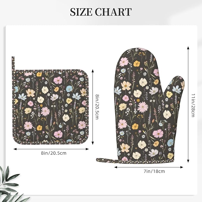Oven Mitts and Pot Holders Set, Vintage Flower Botanical Leaf Silicone Kitchen - Image 3