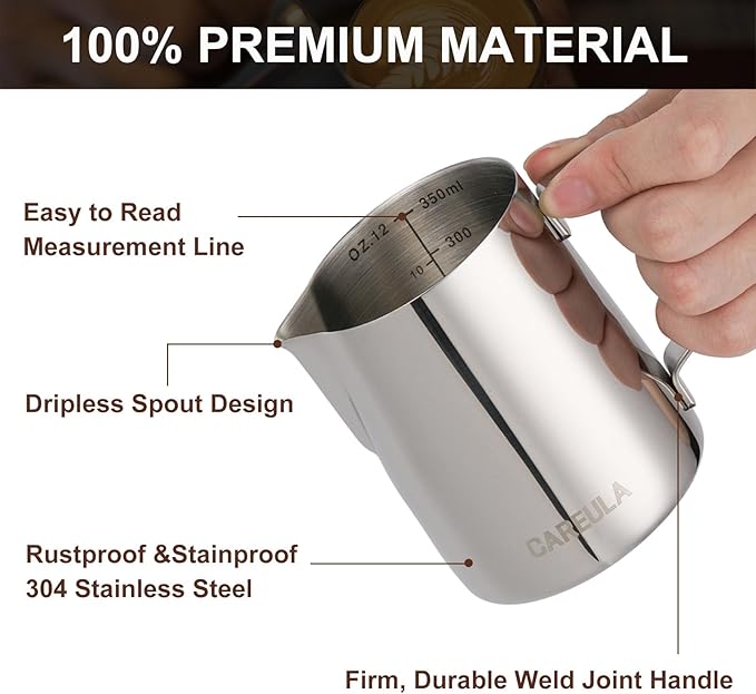 Milk Frothing Pitcher, 12oz Stainless Steel Milk Frother Cup Steaming Pitcher - Image 3