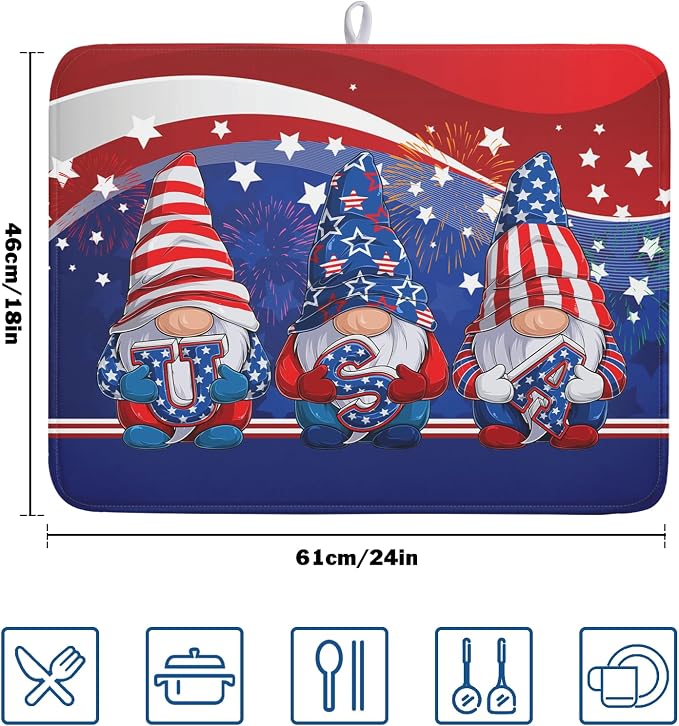 Kawani 4th of July Dish Drying Mat 18x24 Inch Spring Summer Patrioti Gnome - Image 2
