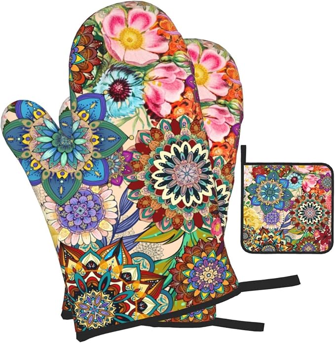 Boho Floral Oven Mitts and Pot Holders Sets, Heat Resistant Colorful Kitchen - Image 2