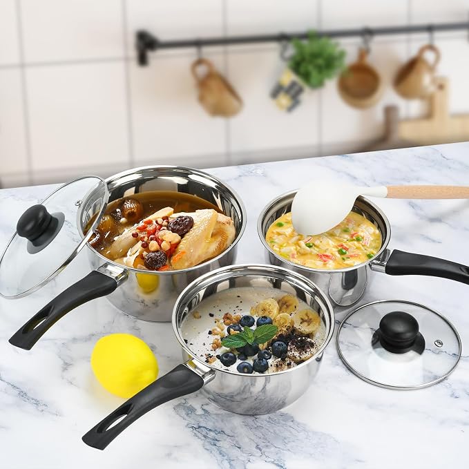 Stainless Steel Pot Set with Lid 6pcs, Sauce Pans 1QT & 2QT & 3QT Set, Triply - Image 7