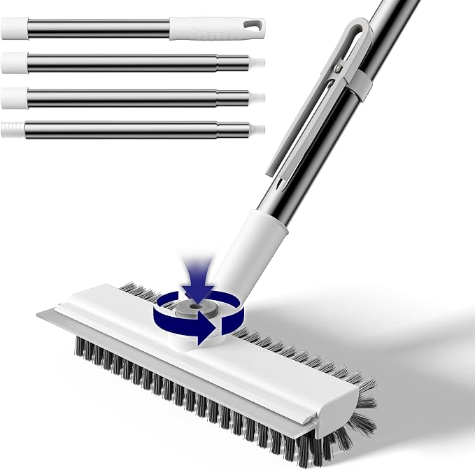 Small Floor Scrub Brush with Length Adjustable Long Handle, 3 in 1 Heavy-Duty by HelpX