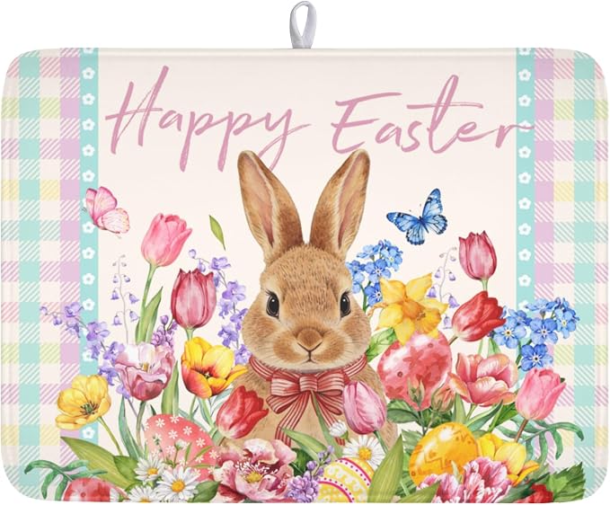 Easter Bunny Dish Drying Mat for Kitchen Counter Happy Easter Rabbit Floral by Unknown
