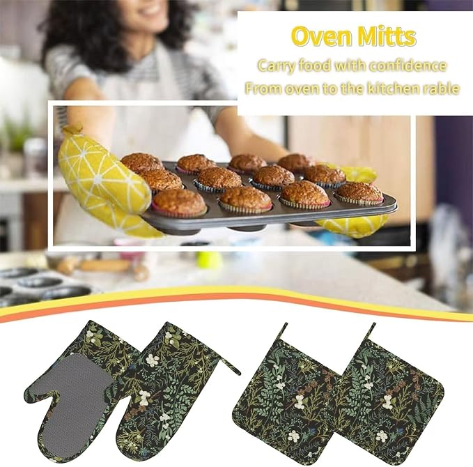 Botanical Print Floral Oven Mitts Pot Holders Farmhouse Cooking Apron Set of 5 - Image 7