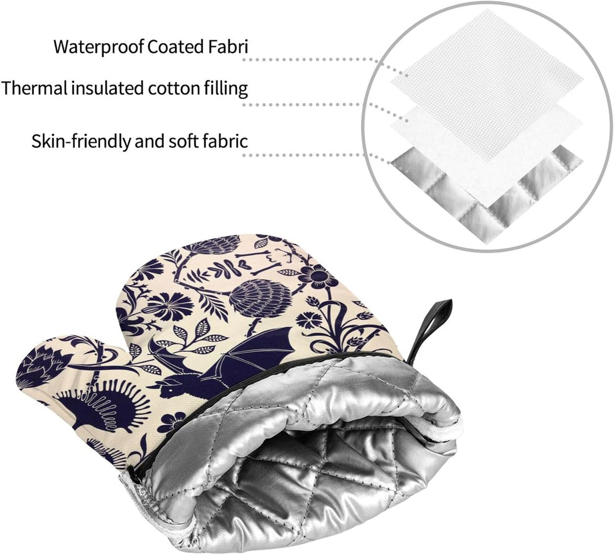 Bats and Flower Oven Mitts and Pot Holders Sets of 4,Resistant Hot