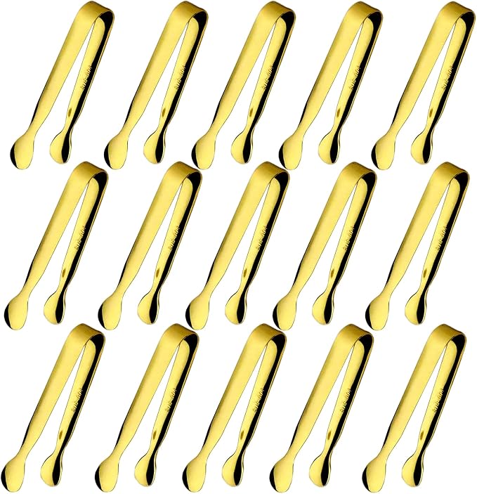 15PCS Mini Tongs for Serving, Metal Tong Stainless Steel Gold Tongs, 4.25Inch by Sunenlyst