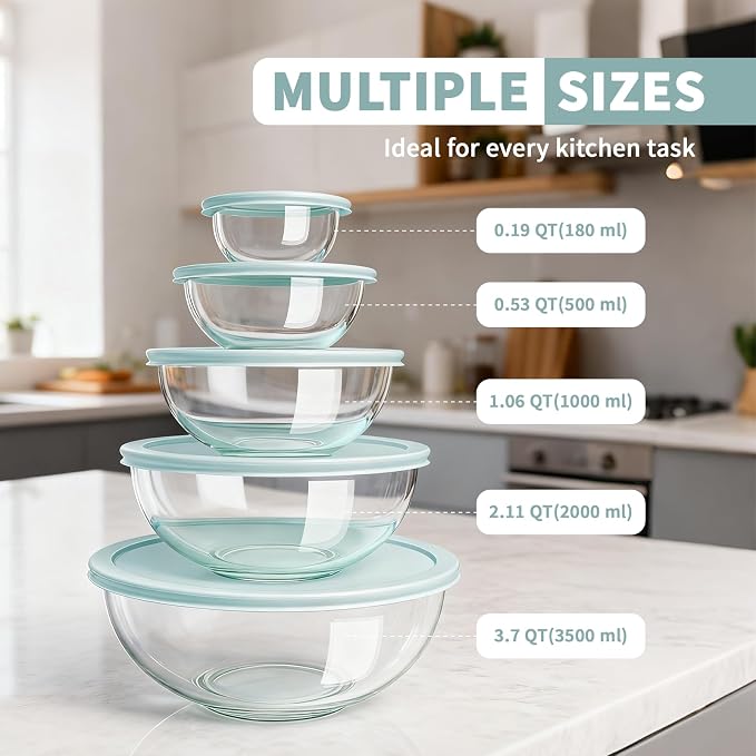 Luvan Glass Mixing Bowl with Lids Set of 5, Space-Saving Nesting Bowls - Image 3