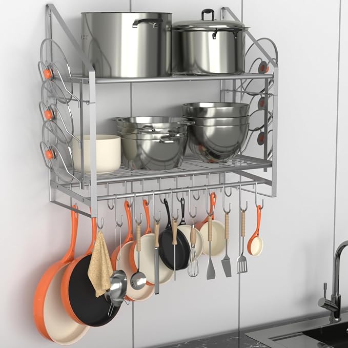 VyGrow 28 Inch Pot Rack Wall Mounted, 2 Tier Pots and Pans Organizer by VyGrow