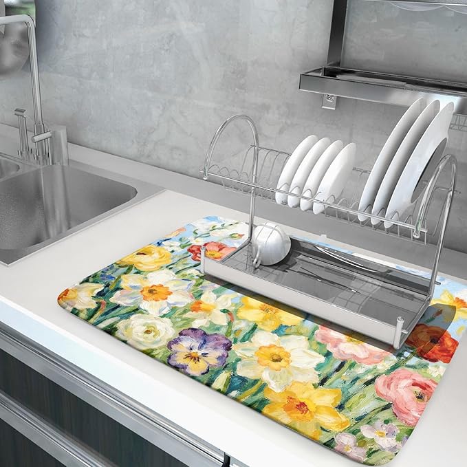 Spring Floral Dish Drying Mat for Kitchen Counter 18x24 Yellow Pink Narcissus - Image 5