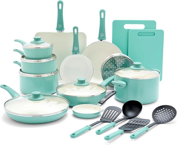 GreenLife Soft Grip 23 Piece Kitchen Cookware Pots and Frying Saucepans Set by GreenLife