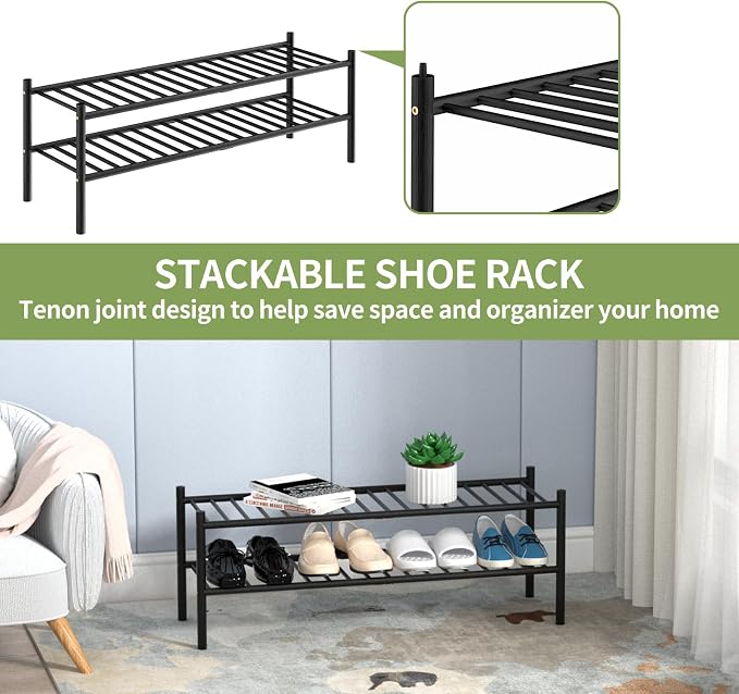 ROMGUAR CRAFT 2-Tier Bamboo Long Shoe Rack, Free Standing Wood Shoe Shelf - Image 6