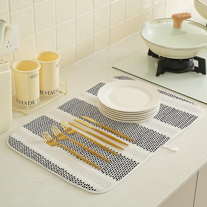 Boho Black Dish Drying Mat 18 x 24 inch Modern Geometry Polka Dot Striped - Image 4