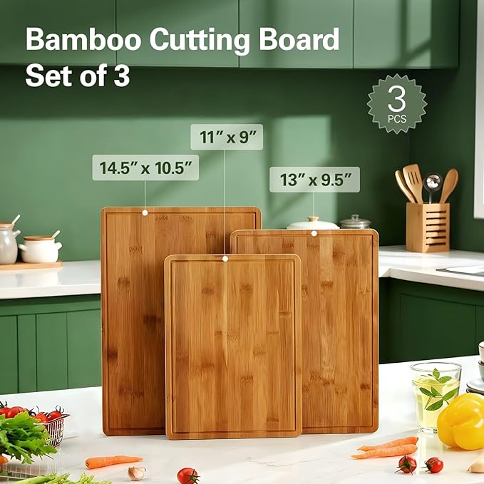 Zarler Bamboo Cutting Boards for Kitchen, 3 Piece Durable Wood Cutting Board - Image 3