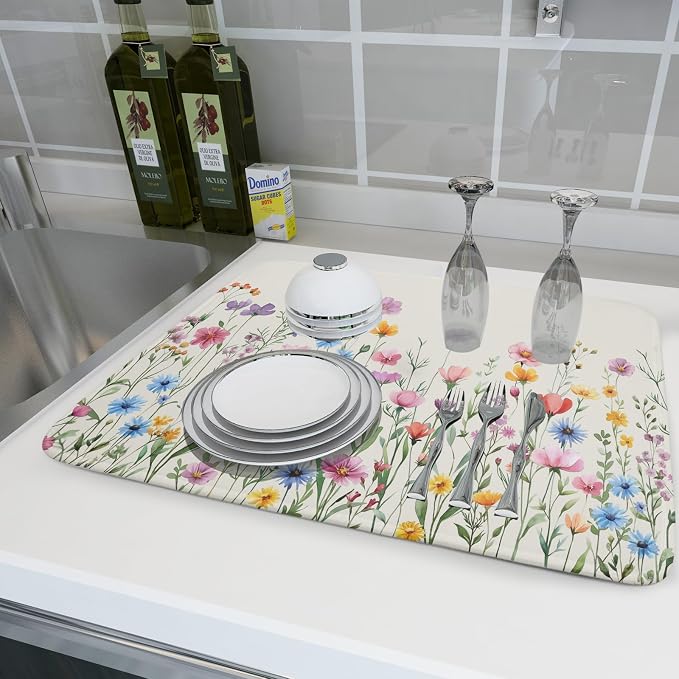 Giwawa Spring Floral Dish Drying Mat 18"x24" Watercolor Summer Wildflower Dish - Image 6