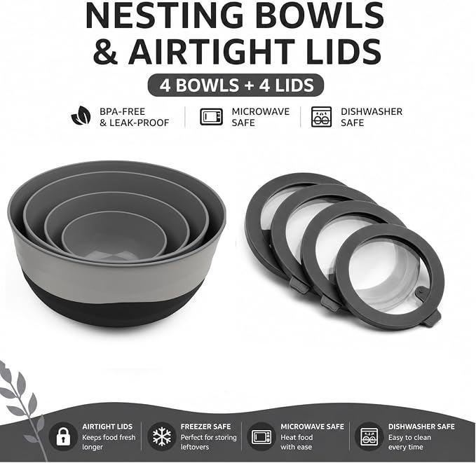 Pera Mixing Bowls with Lids Set, 8 Piece, BPA Free Nesting Kitchen Bowl Set - Image 2