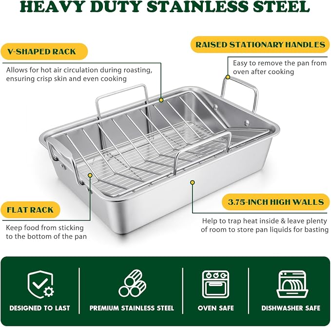E-far Roasting Pan, 16 x 11.5 Inch Stainless Steel Turkey Roaster - Image 3
