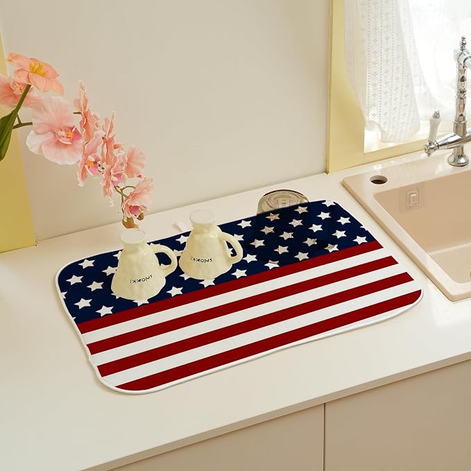 4th of July Dish Drying Mat 18 x 24 Inch Patriotic Red Stripe Navy Blue Stars - Image 5