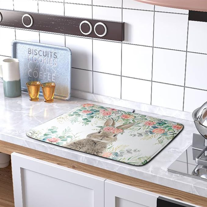 Easter Rabbit Dish Drying Mats for Kitchen Counter Easter Spring Watercolor - Image 5
