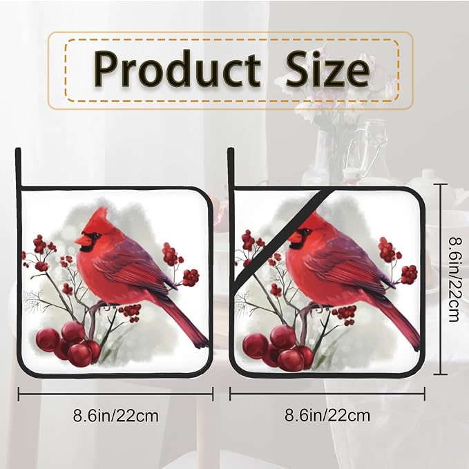 Christmas Cardinal Bird Pot Holder Set of 2, Heat Resistant Potholders Oven Hot - Image 2