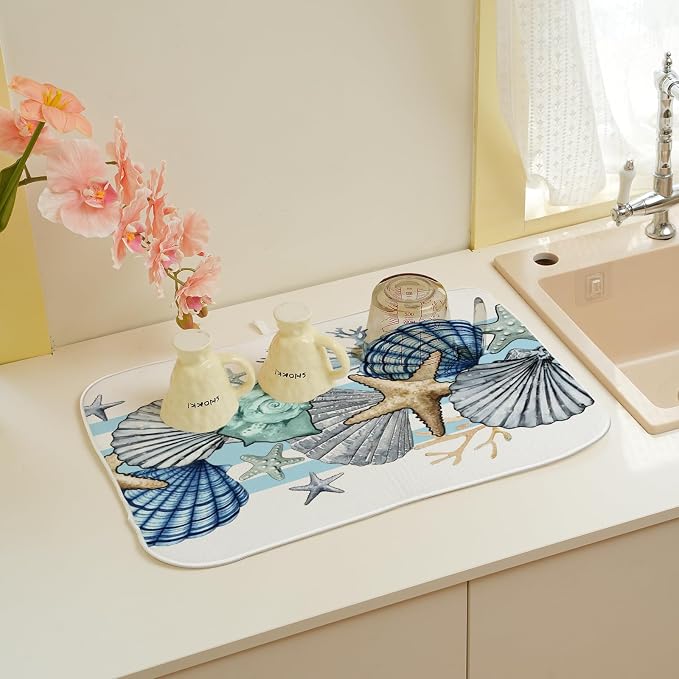 Nautical Coastal Starfish Dish Drying Mat 18x24 Inch Blue Beach Coral Shell - Image 5