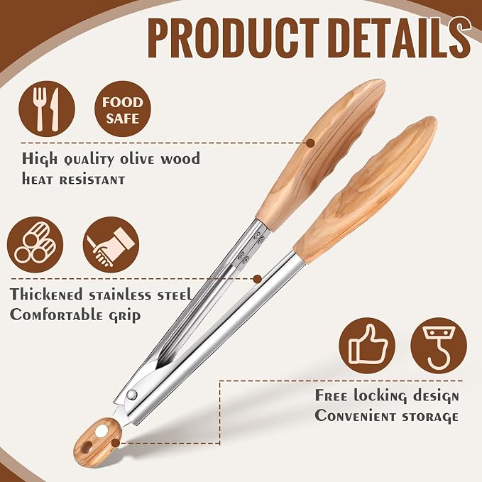 Baderke 2 Pcs Olive Wooden Kitchen Tongs - Image 3