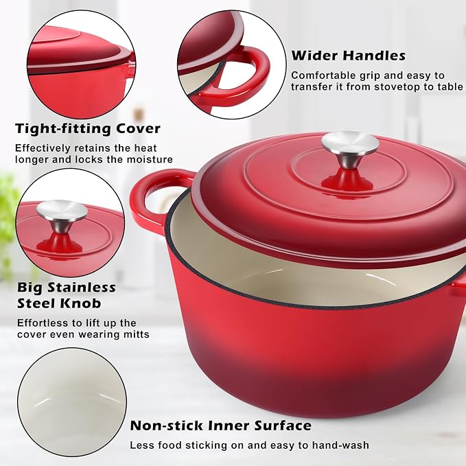 TeamFar Enameled Cast Iron Dutch Oven, 7qt Dutch Oven Pot Nonstick Cookware - Image 3