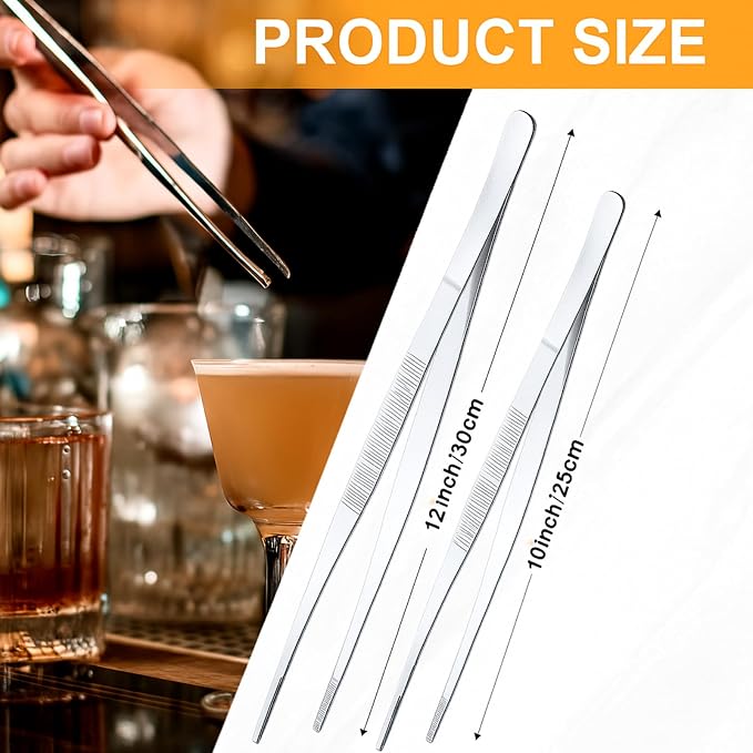 Yaomiao 4 Packs 12 Inch 10 Inch Bar Tweezers Silver Cocktail Tongs Long Garnish - Image 2