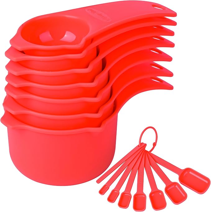 Red Measuring Cups and Spoons Set 15, 7 Plastic Measuring Cup Set, 7 Spice Long by Kalsreui