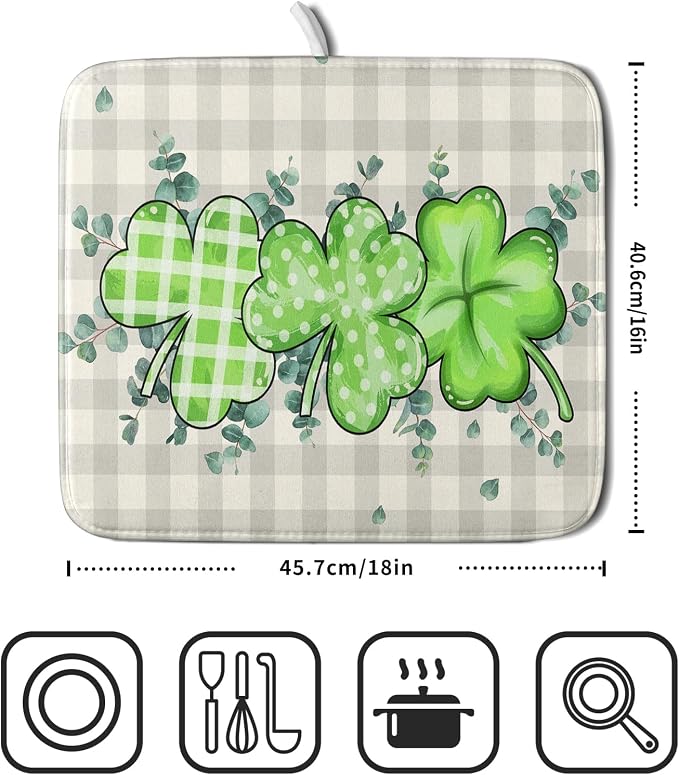 Giwawa Patrick Dish Drying Mat for Kitchen Green Clovers Grey Buffalo Plaids - Image 2