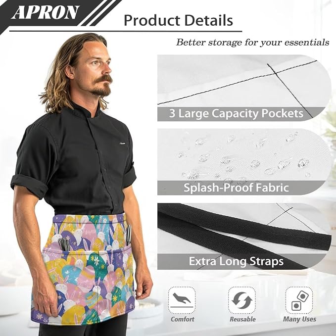 Server Apron with 3 Pockets, Waterproof Oil Waitress Waiter Half Apron - Image 6