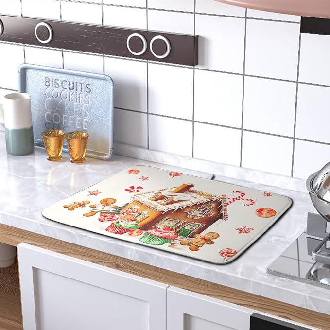 Christmas Dish Drying Mat for Kitchen Counter 16x18 Gingerbread House Man Candy - Image 5