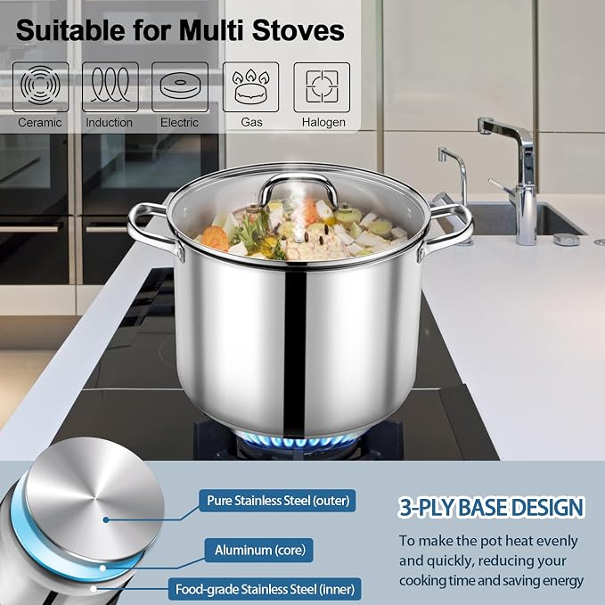 P&P CHEF 16 QT Stock Pot with Lid, Stainless Steel Large Cooking Pot, Soup - Image 5