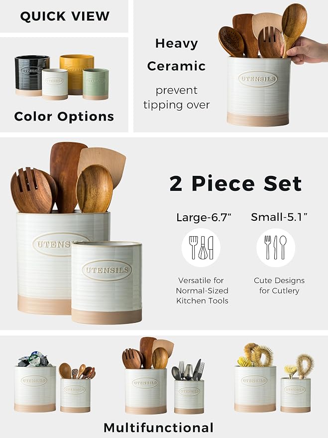 YHOSSEUN Utensil Holder Set of 2, Ceramic Utensil Holder - Image 2