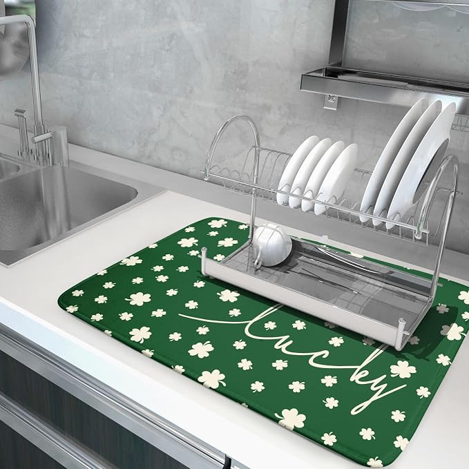 Giwawa St Patricks Day Dish Drying Mat Green Lucky Clovers Dish Drainer Mats - Image 5
