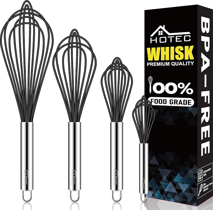 HOTEC 4 Pieces Silicone Whisks Set, Wire Balloon Whisks Egg Beater, Non-slip by Hotec