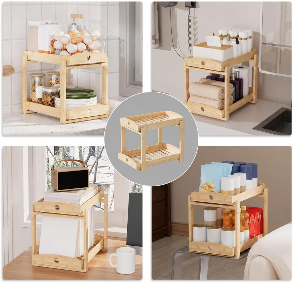 Bamboo Under Sink Organizer 2 Tier Pull Out Cabinet Storage Drawer