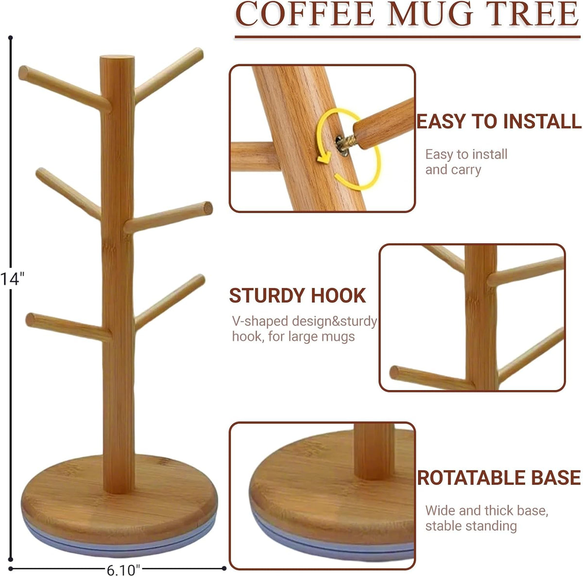 Coffee Mug Tree, 360° Rotated Mug Holder with 6 Hooks, Bamboo Latte