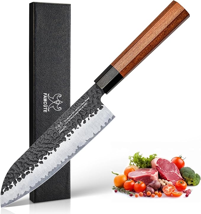 FAMCÜTE Santoku Knife 7 inch, Hand Forged 5 Layers 9CR18MOV High Carbon Steel by FAMC%C3%9CTE