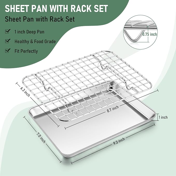 Homikit Toaster Oven Pan with Rack Set, 9 x 7 Inch Stainless Steel Small Cookie - Image 2