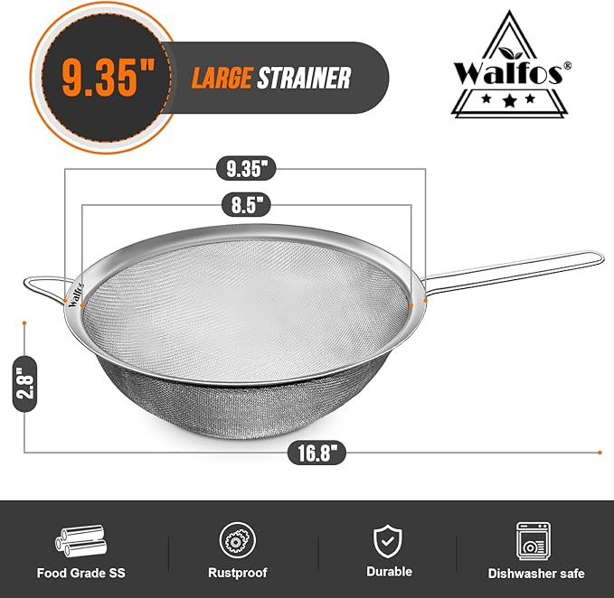 Walfos 9.35 Inch Large Fine Mesh Strainer, Stainless Steel 30 Mesh Sieve - Image 3