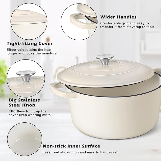 TeamFar Enameled Cast Iron Dutch Oven, 7qt Dutch Oven Pot Nonstick Cookware - Image 3