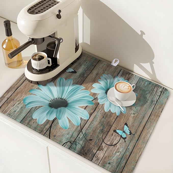 Teal Sunflowers Drying Mat 24x18 Inch, Summer Wooden Board Drying Mat - Image 7