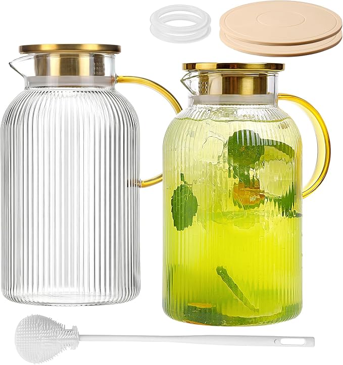 2 Pack Glass Pitcher with Handle and Lid, 68oz/ 2 Liter Classic Stripes Glass by Moretoes
