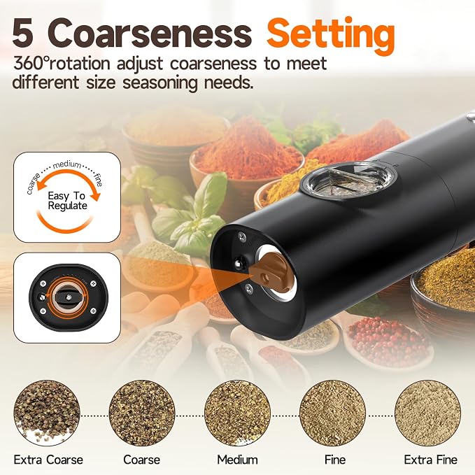 Electric Salt and Pepper Grinder Set, USB Rechargeable One Hand Operation - Image 4