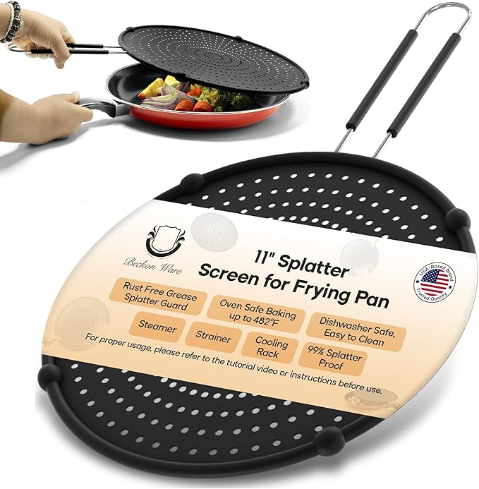 Splatter Screen for Frying Pan | USA Brand | 11-Inch Black, Fit Pans Silicone by BeckonWare