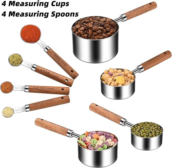Stainless Steel Measuring Cups and Spoons Set of 8, Stackable Wooden Handle - Image 2