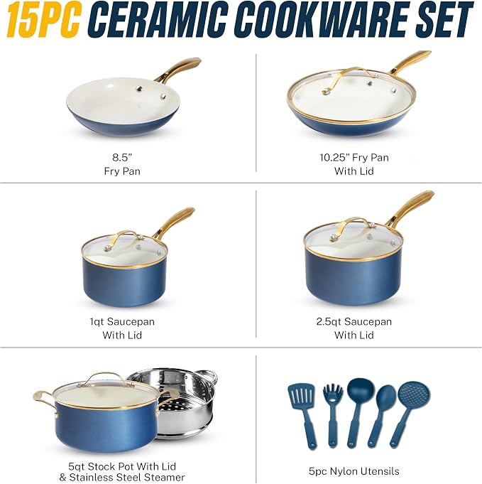 Gotham Steel 15 Pc Ceramic Pots and Pans Set Non Stick, Kitchen Cookware Sets - Image 2