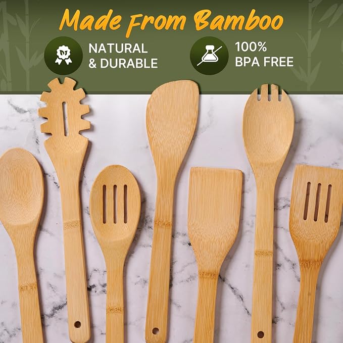 Wooden Utensil Set, Bamboo Utensils – 7 PCs Wood Spoons - Image 5