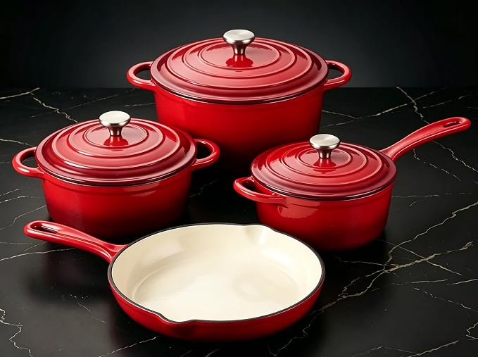 QuliMetal Enameled Cast Iron Cookware Set, 4-Piece Pots and Pans Set by QuliMetal