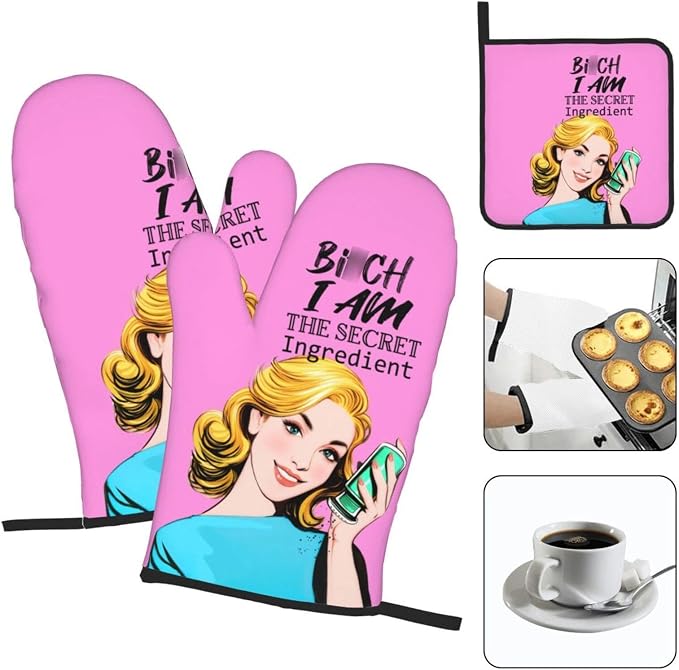 Funny Oven Mitts and Pot Holders Sets, Cute Pink Heat Resistant Oven Gloves and - Image 3